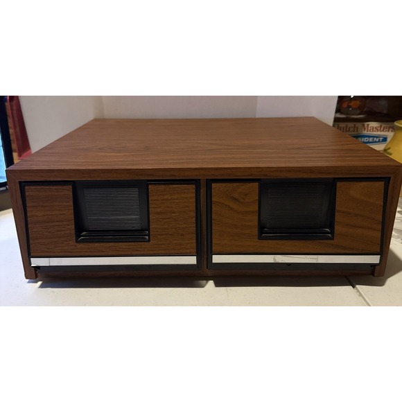 Vintage VHS Tape Holder Wood Grain 2 Drawer Cabinet Storage Case VCR Holds 24 - Picture 1 of 2